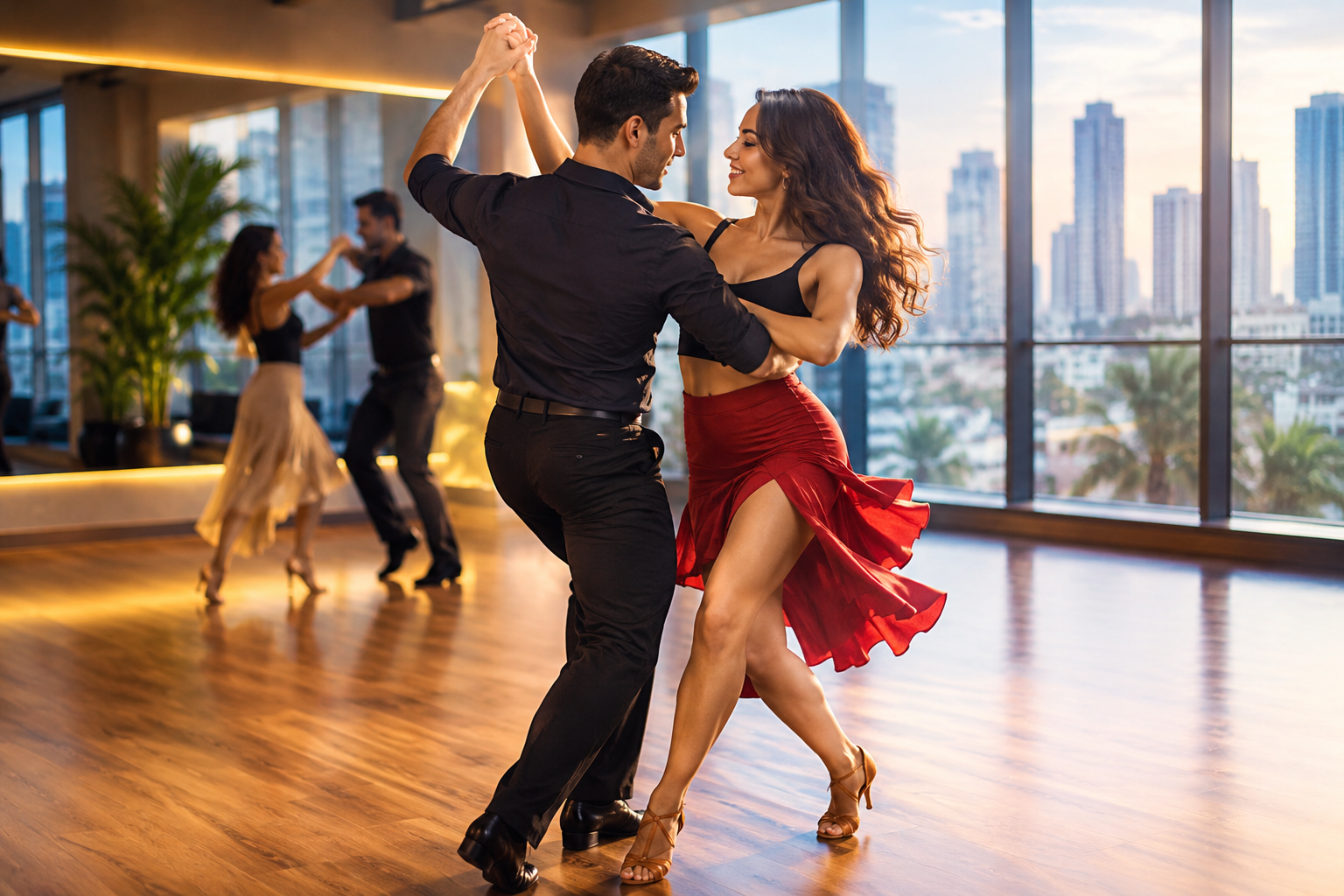 Beginners learning Salsa and Bachata at dance classes near JVC Dubai