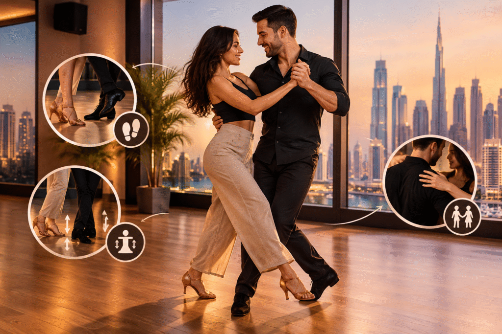 Couple practicing partner dancing in a sunlit Dubai studio, illustrating beginner footwork, weight transfer, and lead-follow techniques against a golden-hour skyline.