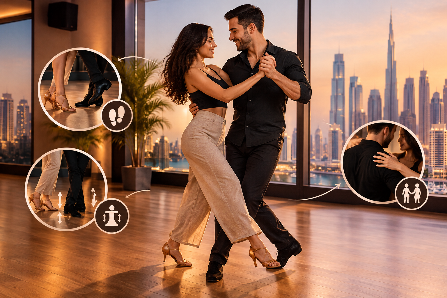 Couple practicing partner dancing in a sunlit Dubai studio, illustrating beginner footwork, weight transfer, and lead-follow techniques against a golden-hour skyline.