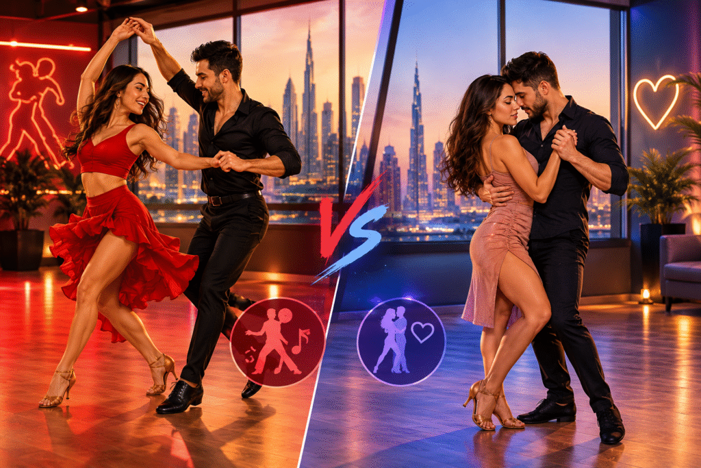Salsa vs bachata dancing in Dubai, featuring a couple performing energetic salsa moves and another sharing an intimate bachata dance in a stylish studio overlooking the Dubai skyline.