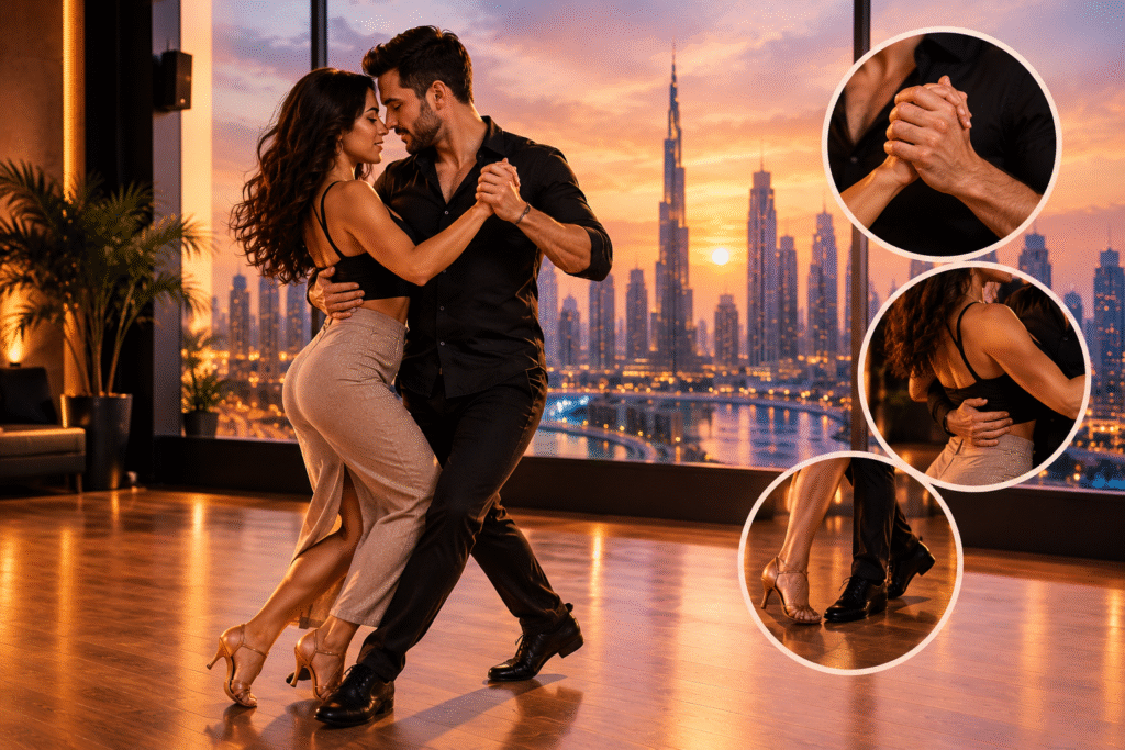 Bachata for couples in Dubai, featuring a couple dancing in a close embrace at sunset with a stunning skyline view, illustrating lead-follow techniques, partner connection, and synchronized footwork.