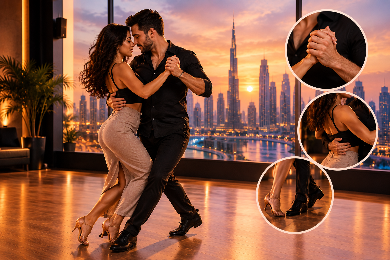 Bachata for couples in Dubai, featuring a couple dancing in a close embrace at sunset with a stunning skyline view, illustrating lead-follow techniques, partner connection, and synchronized footwork.