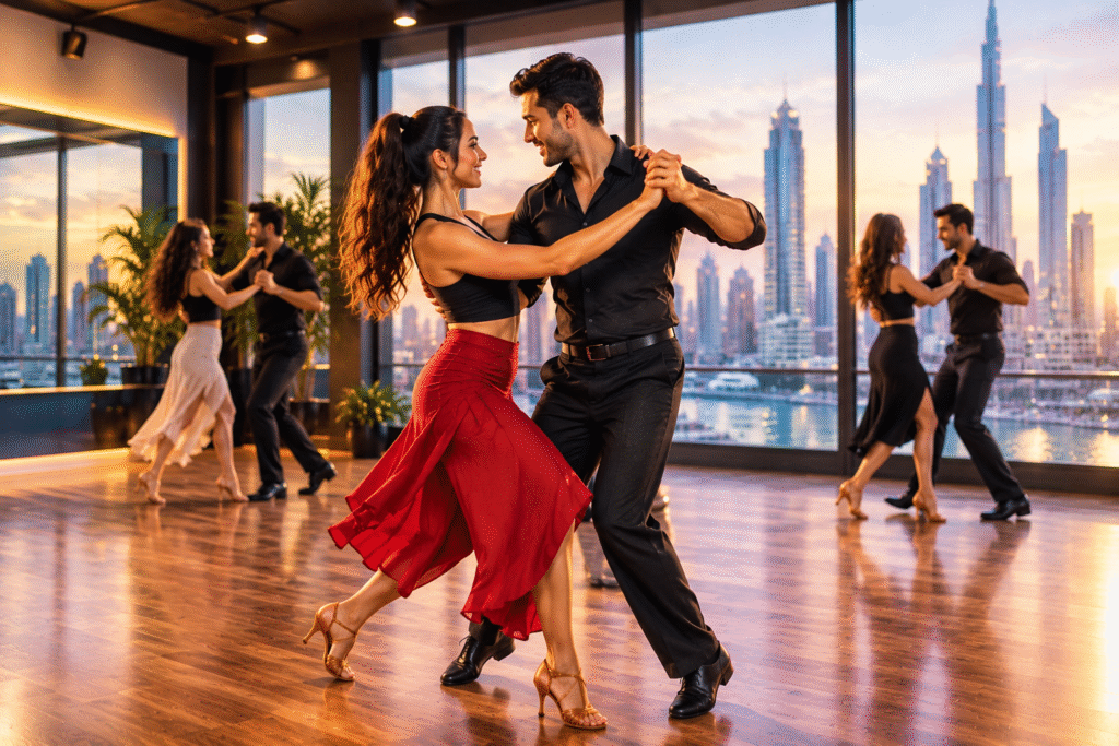 Beginners learning Salsa dance in a stylish studio with panoramic Dubai skyline views, focusing on footwork, musicality, balance, and partner connection at VR Dance World.